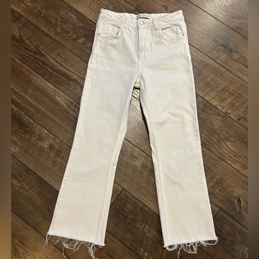 Zara White Frayed Hem Denim Pants